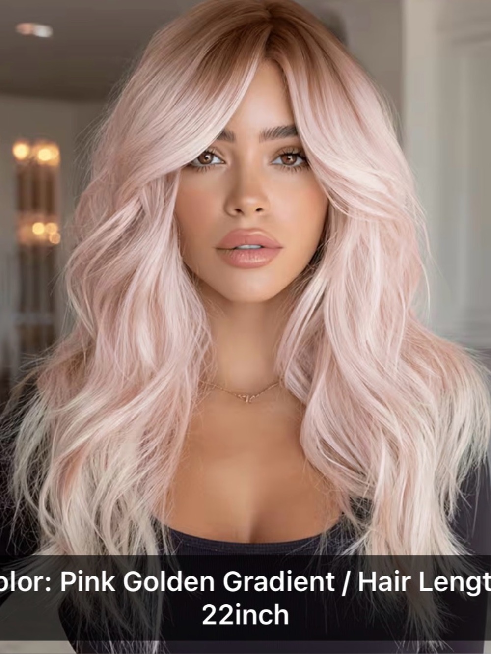 Pink Golden Gradient Long Wavy Women's Wig - 22 Inch